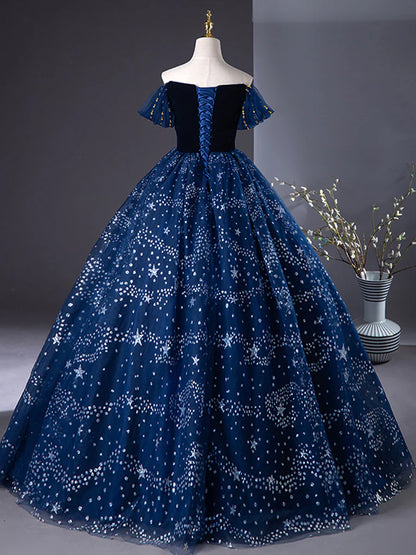 A-Line Off Shoulder Tulle Blue Long Prom Dress, Blue Long Formal Dress with Beads ED0572