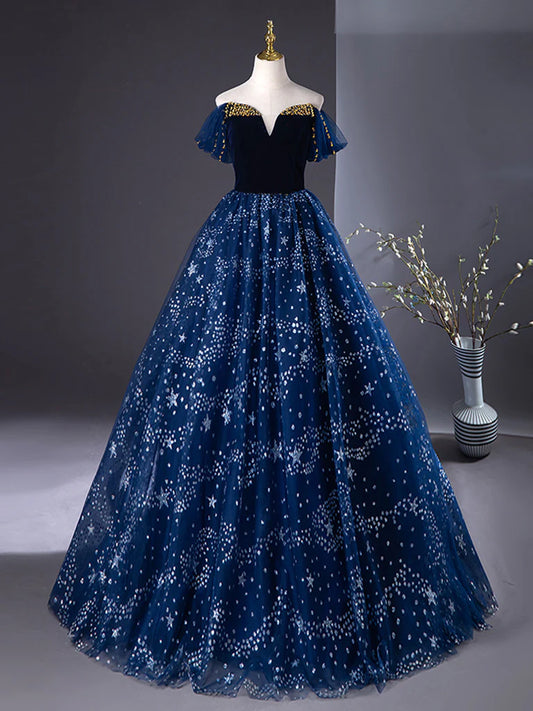A-Line Off Shoulder Tulle Blue Long Prom Dress, Blue Long Formal Dress with Beads ED0572