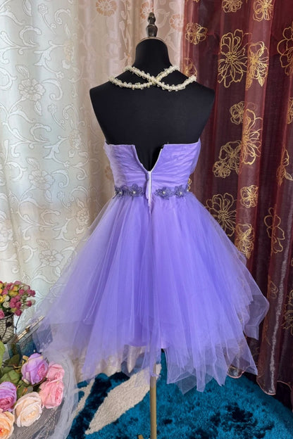 Cute Purple A-Line Short Prom Dresses Strapless Birthday Dresses Tulle Sleeveless Party Dresses ED05720
