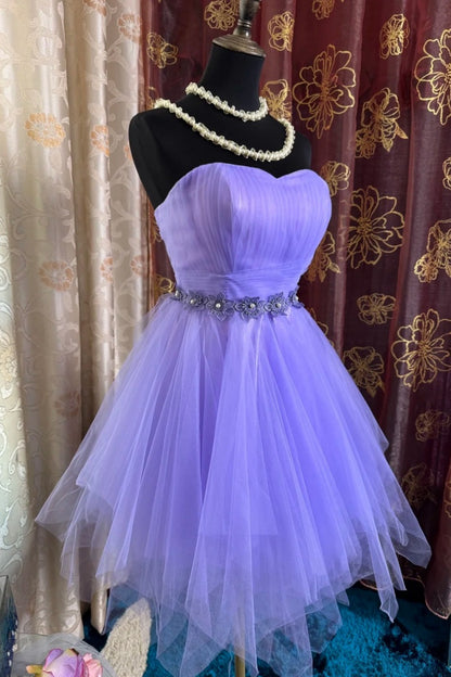 Cute Purple A-Line Short Prom Dresses Strapless Birthday Dresses Tulle Sleeveless Party Dresses ED05720