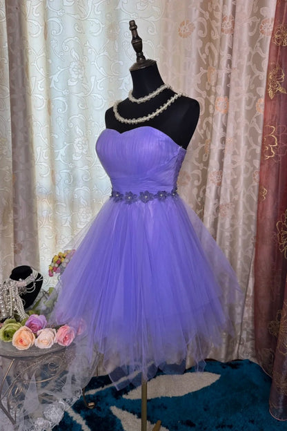 Cute Purple A-Line Short Prom Dresses Strapless Birthday Dresses Tulle Sleeveless Party Dresses ED05720