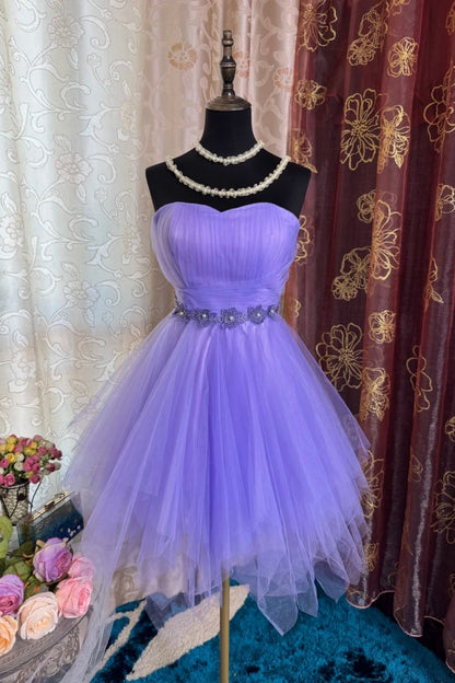 Cute Purple A-Line Short Prom Dresses Strapless Birthday Dresses Tulle Sleeveless Party Dresses ED05720