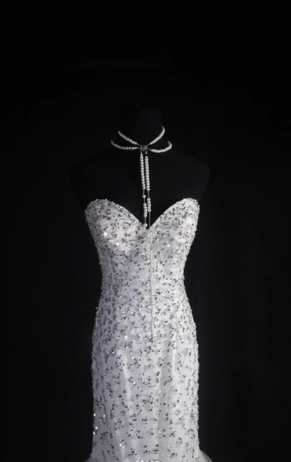 Elegant White Mermaid Long Prom Dresses Sweetheart Evening Dresses Tulle Sleeveless Formal Dresses ED05721