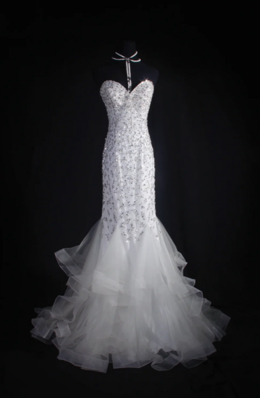 Elegant White Mermaid Long Prom Dresses Sweetheart Evening Dresses Tulle Sleeveless Formal Dresses ED05721