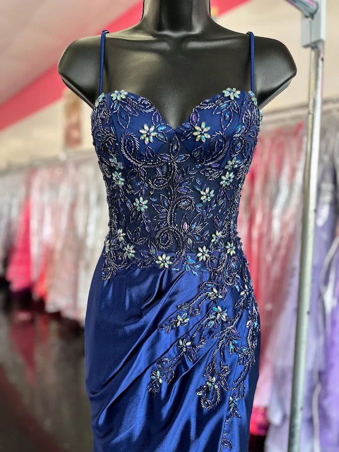 Elegant Navy Blue Sheath Long Prom Dresses Spaghetti Straps Evening Dresses Beaded Satin Sleeveless Formal Dresses ED05722