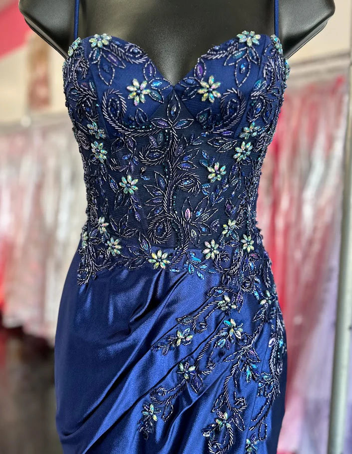 Elegant Navy Blue Sheath Long Prom Dresses Spaghetti Straps Evening Dresses Beaded Satin Sleeveless Formal Dresses ED05722