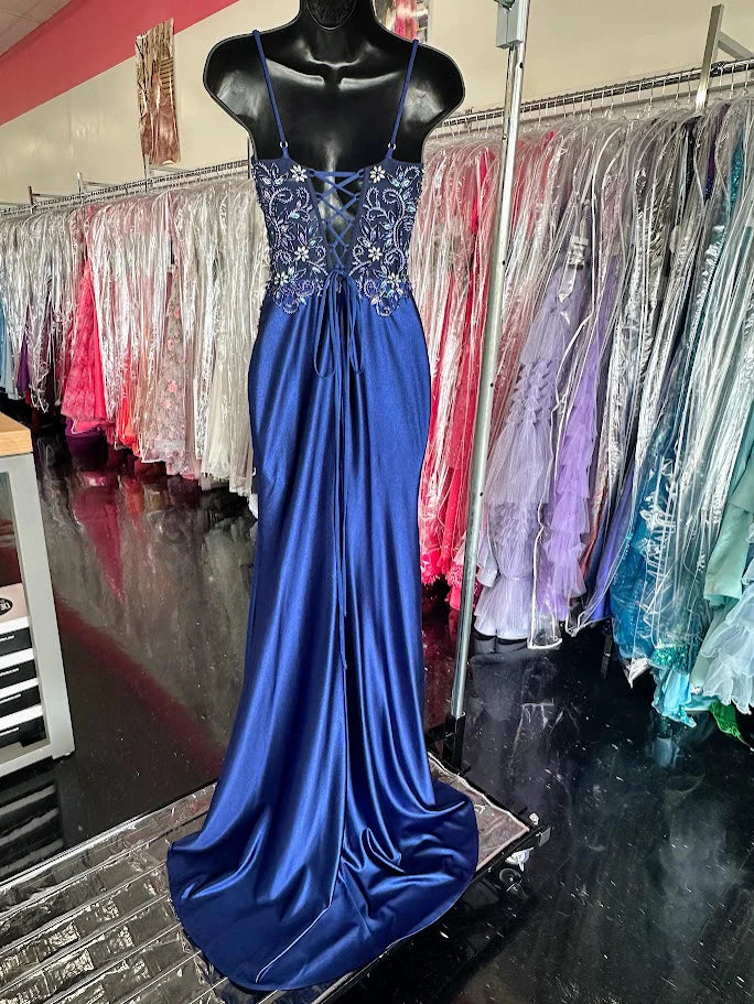 Elegant Navy Blue Sheath Long Prom Dresses Spaghetti Straps Evening Dresses Beaded Satin Sleeveless Formal Dresses ED05722