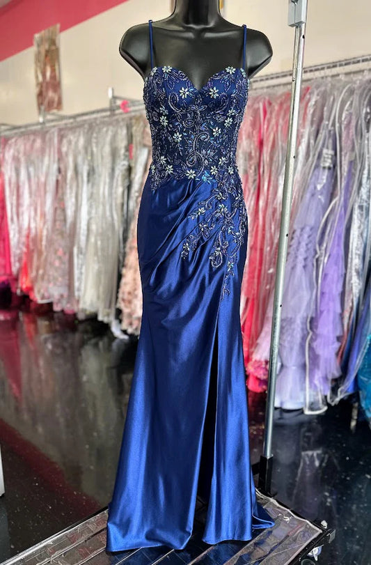 Elegant Navy Blue Sheath Long Prom Dresses Spaghetti Straps Evening Dresses Beaded Satin Sleeveless Formal Dresses ED05722
