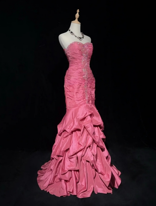Chic Pink Sheath Long Prom Dresses Strapless Evening Dresses Beaded Satin Sleeveless Formal Dresses ED05723