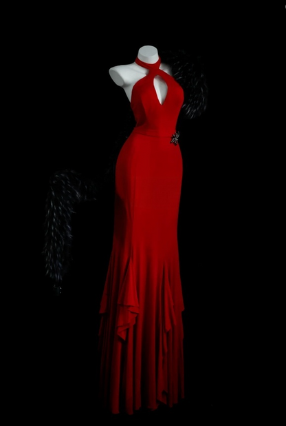 Chic Burgundy Sheath Long Prom Dresses Halter Evening Dresses  Sleeveless Formal Dresses ED05725