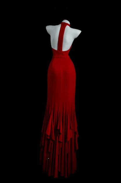 Chic Burgundy Sheath Long Prom Dresses Halter Evening Dresses  Sleeveless Formal Dresses ED05725