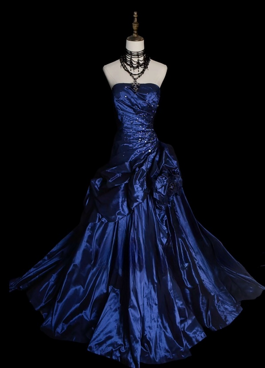 Gorgeous Navy Blue Sheath Long Prom Dresses Strapless Evening Dresses  SatinSleeveless Formal Dresses ED05727