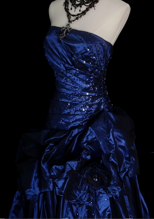 Gorgeous Navy Blue Sheath Long Prom Dresses Strapless Evening Dresses  SatinSleeveless Formal Dresses ED05727