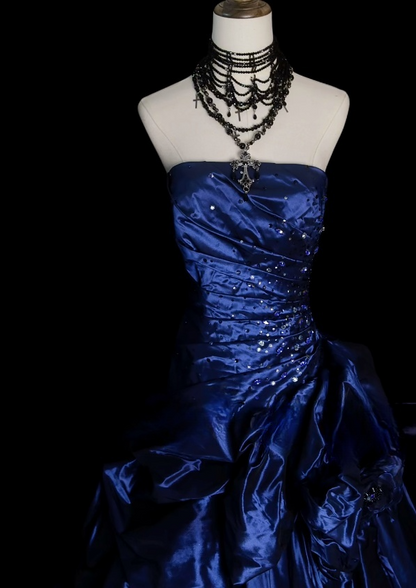 Gorgeous Blue Sheath Long Prom Dresses Strapless Evening Dresses  SatinSleeveless Formal Dresses ED05727