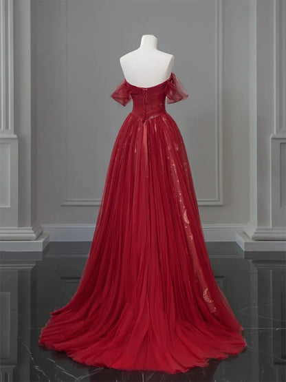 A-Line Off Shoulder Tulle Lace Burgundy Long Prom Dress ED0573