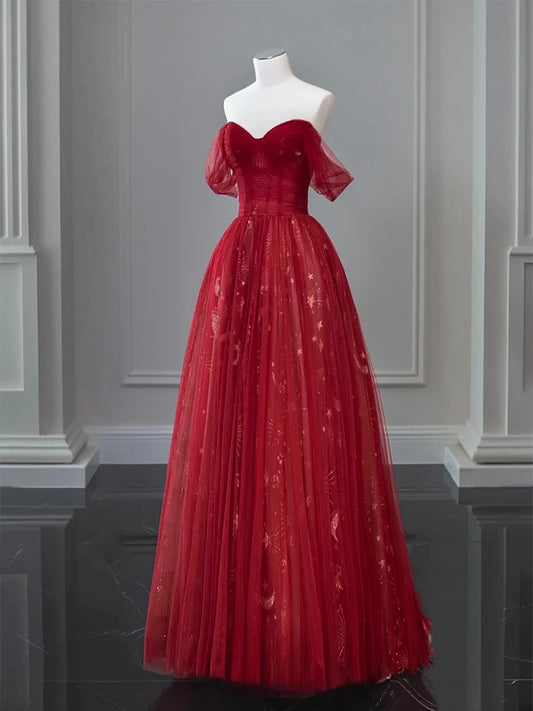 A-Line Off Shoulder Tulle Lace Burgundy Long Prom Dress ED0573