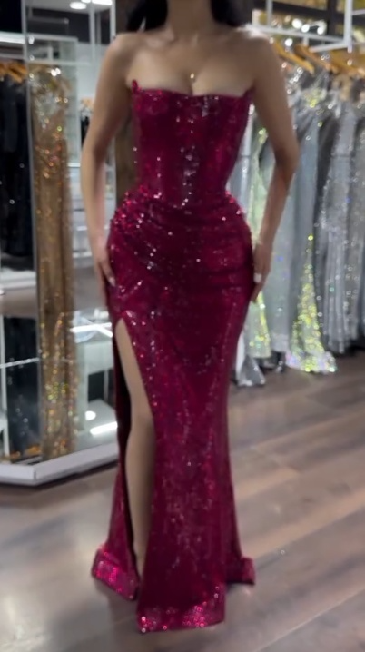 Sexy Burgundy Mermaid Long Prom Dresses with Slit Sequins Strapless Evening Dresses Sleeveless Formal Dresses ED05730