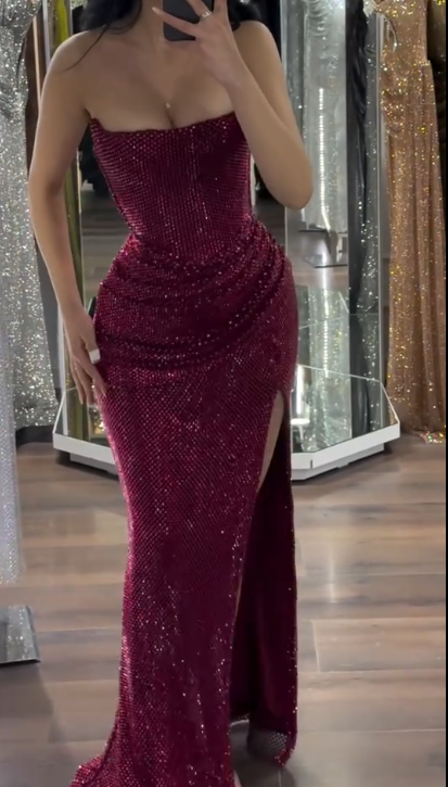 Sexy Burgundy Mermaid Long Prom Dresses with Slit Sequins Strapless Evening Dresses Sleeveless Formal Dresses ED05730