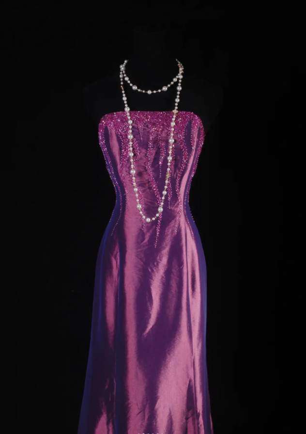 Vintage Purple Sheath Long Prom Dresses Satin Beaded Strapless Evening Dresses Sleeveless Formal Dresses ED05731