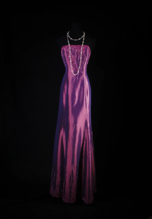 Vintage Purple Sheath Long Prom Dresses Satin Beaded Strapless Evening Dresses Sleeveless Formal Dresses ED05731