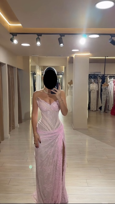 Glam Pink Sheath Long Prom Dresses Lace Sweetheart Evening Dresses with Slits Sleeveless Formal Dresses ED05733