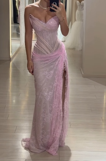 Glam Pink Sheath Long Prom Dresses Lace Sweetheart Evening Dresses with Slits Sleeveless Formal Dresses ED05733