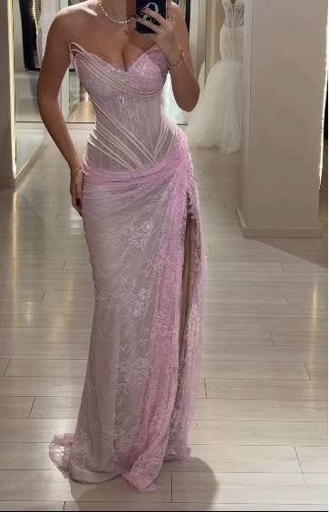 Glam Pink Sheath Long Prom Dresses Lace Sweetheart Evening Dresses with Slits Sleeveless Formal Dresses ED05733