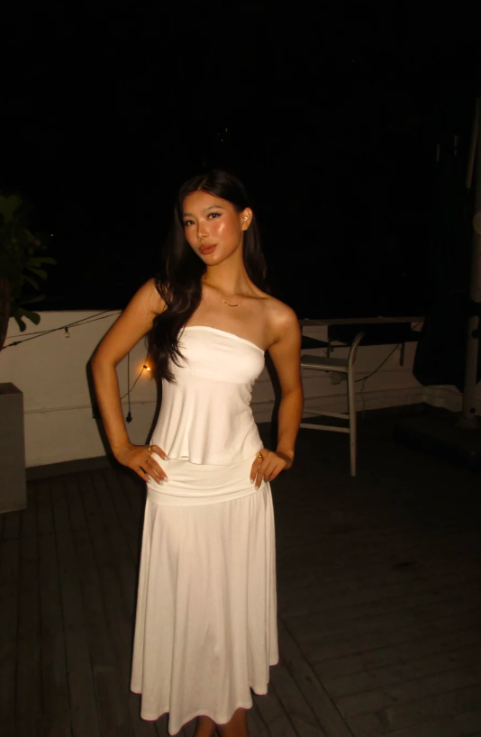 Glam White Sheath Two-piece Long Prom Dresses Chiffon Strapless Evening Dresses Sleeveless Guest Dresses ED05735