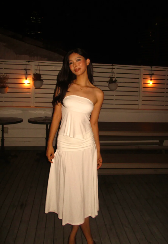 Glam White Sheath Two-piece Long Prom Dresses Chiffon Strapless Evening Dresses Sleeveless Guest Dresses ED05735