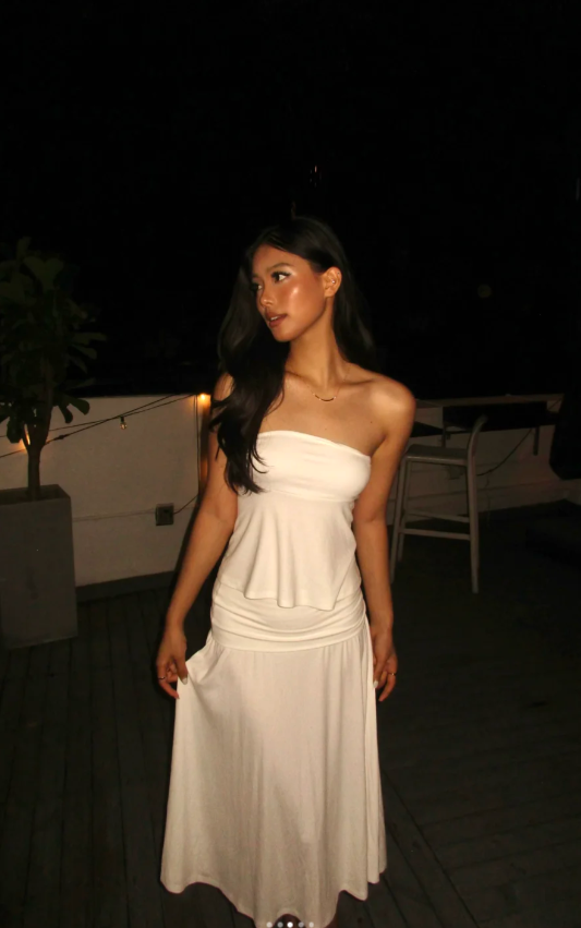 Glam White Sheath Two-piece Long Prom Dresses Chiffon Strapless Evening Dresses Sleeveless Guest Dresses ED05735