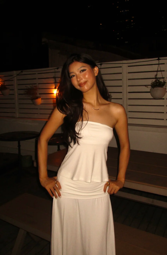 Glam White Sheath Two-piece Long Prom Dresses Chiffon Strapless Evening Dresses Sleeveless Guest Dresses ED05735