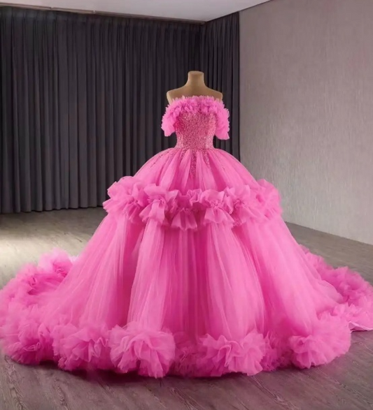 Gorgeous Fuchsia Ball Gown Long Prom Dresses Tulle Off-shoulder Quinceanera Dresses Sleeveless Sweet 16 Dresses ED05737