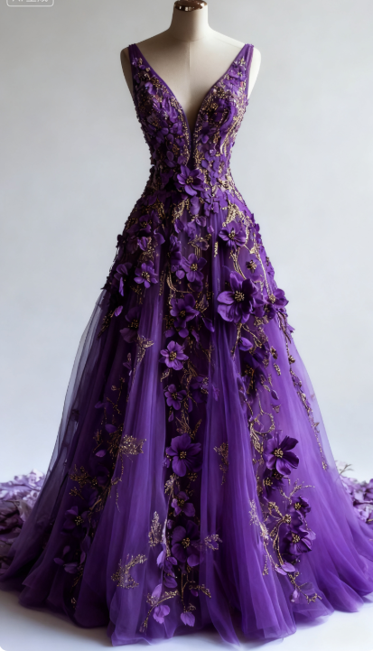 Gorgeous Purple A-Line Long Prom Dresses Tulle Appliques V-neck Quinceanera Dresses Sleeveless Sweet 16 Dresses ED05738