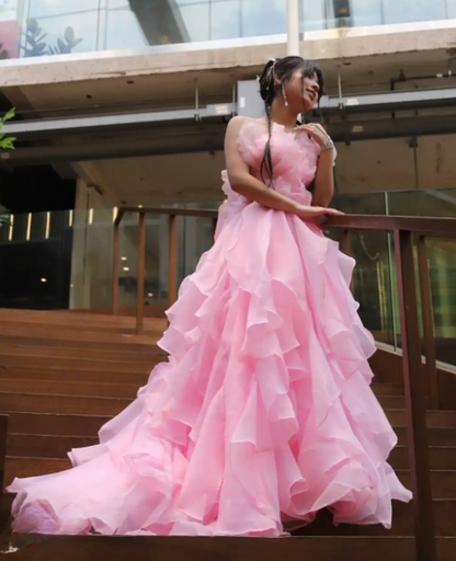 Gorgeous Pink A-Line Long Prom Dresses Chiffon Strapless Quinceanera Dresses Sleeveless Sweet 16 Dresses ED05739