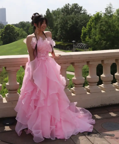 Gorgeous Pink A-Line Long Prom Dresses Chiffon Strapless Quinceanera Dresses Sleeveless Sweet 16 Dresses ED05739