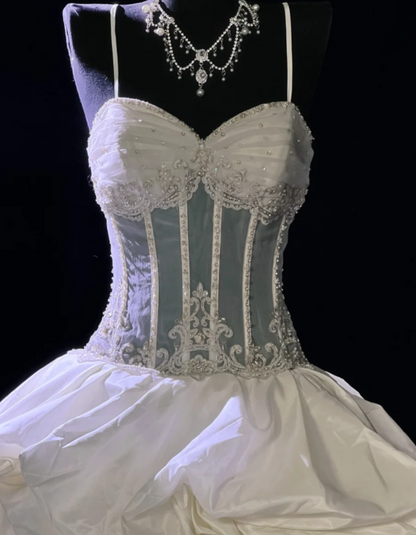 Elegant White  A-Line Long Wedding Dresses Tulle Satin Spaghetti Strapless Bridal Dresses Sleeveless Bridal Gowns ED05741