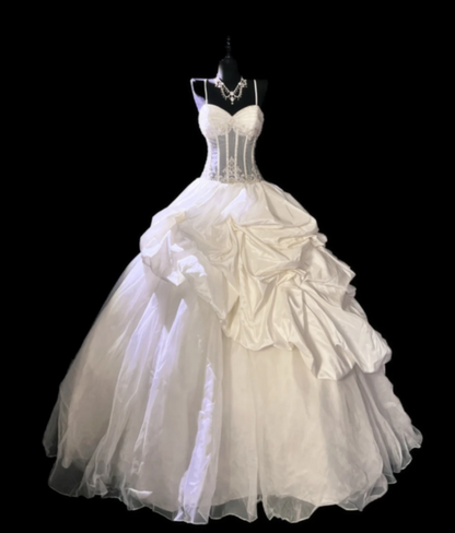 Elegant White  A-Line Long Wedding Dresses Tulle Satin Spaghetti Strapless Bridal Dresses Sleeveless Bridal Gowns ED05741