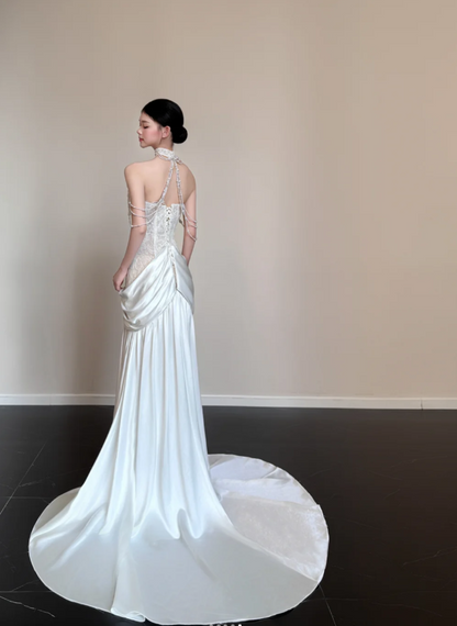 Elegant Mermaid White Long Wedding Dresses Satin Strapless Bridal Dresses Sleeveless Bridal Gowns ED05744