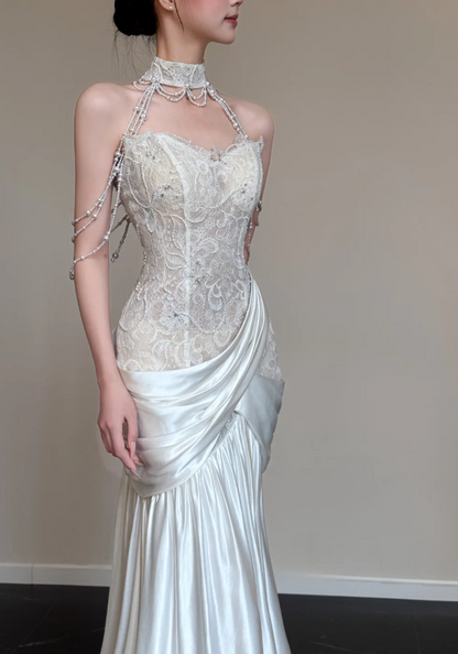 Elegant Mermaid White Long Wedding Dresses Satin Strapless Bridal Dresses Sleeveless Bridal Gowns ED05744