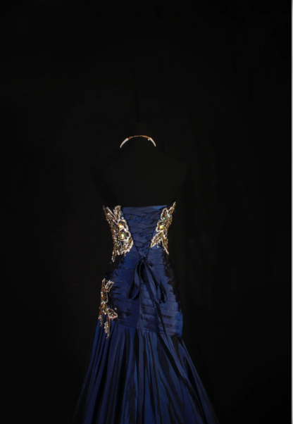Glam Sheath Navy Blue Long Prom Dresses Satin Appliques Strapless Evening Dresses Sleeveless Christmas Dresses ED05745