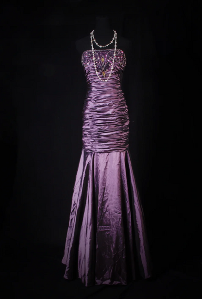 Glam Sheath Purple Long Prom Dresses Satin Beaded Strapless Evening Dresses Sleeveless Birthday Dresses ED05747