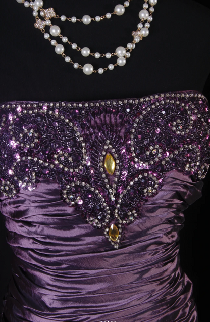 Glam Sheath Purple Long Prom Dresses Satin Beaded Strapless Evening Dresses Sleeveless Birthday Dresses ED05747