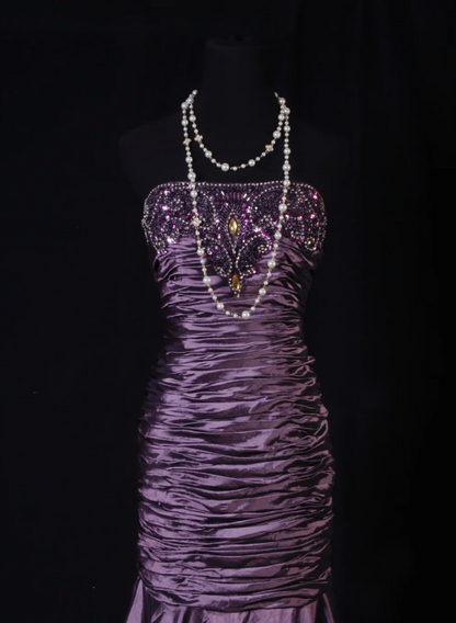 Glam Sheath Purple Long Prom Dresses Satin Beaded Strapless Evening Dresses Sleeveless Birthday Dresses ED05747