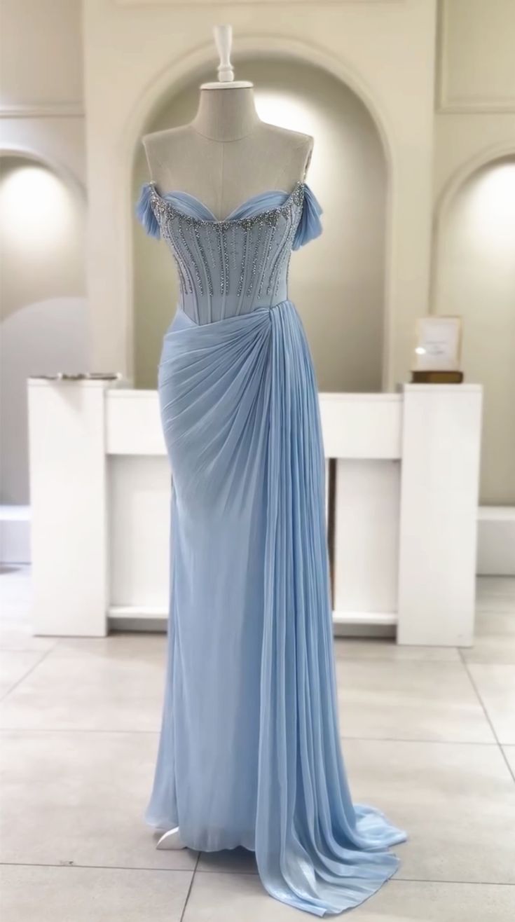 Robes d'anniversaire élégantes bleu dégradé, col en V, paillettes, mousseline, fourreau, robes de bal, robes de soirée ED04456