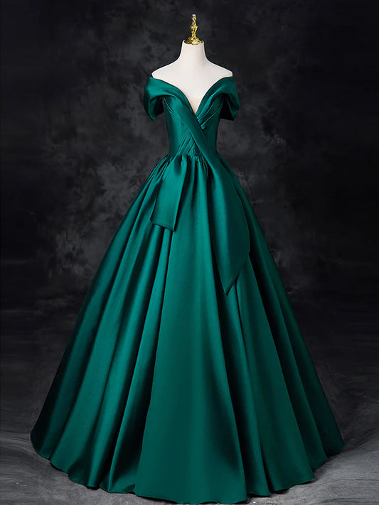 A-Linie Off Shoulder Satin Grünes Langes Ballkleid, Grünes Langes Abendkleid ED0575