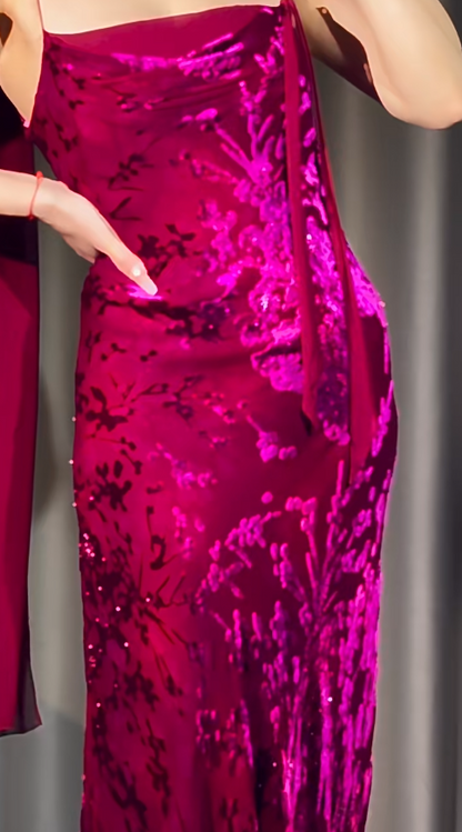 Glam Sheath Hot Pink Long Prom Dresses Silk Spaghetti Straps Evening Dresses Sleeveless Birthday Dresses ED05750