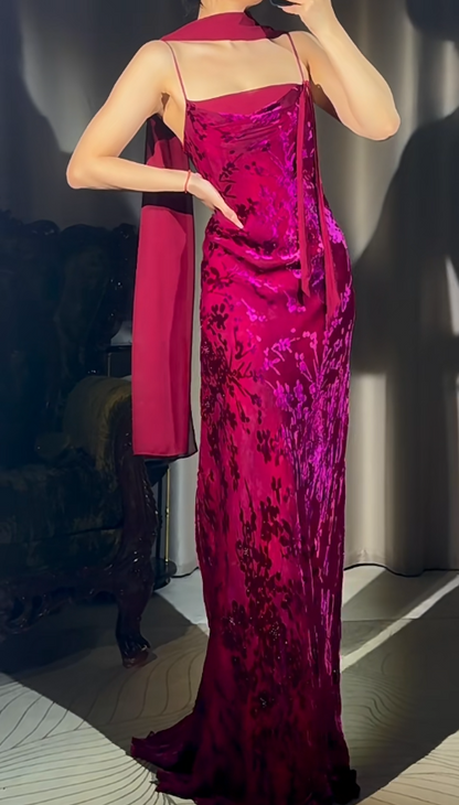 Glam Sheath Hot Pink Long Prom Dresses Silk Spaghetti Straps Evening Dresses Sleeveless Birthday Dresses ED05750