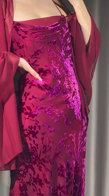 Glam Sheath Hot Pink Long Prom Dresses Silk Spaghetti Straps Evening Dresses Sleeveless Birthday Dresses ED05750