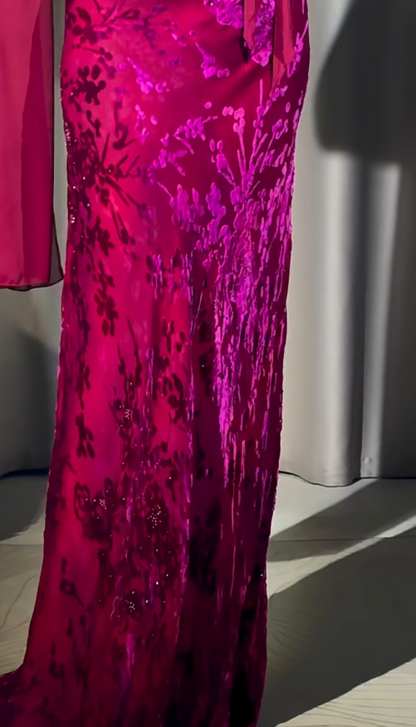 Glam Sheath Hot Pink Long Prom Dresses Silk Spaghetti Straps Evening Dresses Sleeveless Birthday Dresses ED05750
