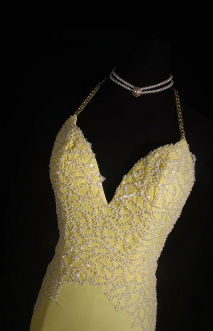 Glam Sheath Yellow Long Prom Dresses Satin Beaded Halter Evening Dresses Sleeveless Birthday Dresses ED05753